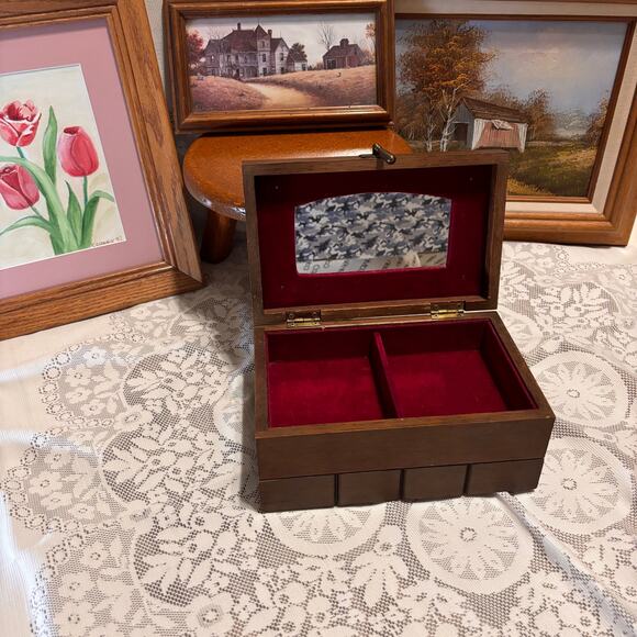 MCM Vintage Wood Grid Jewelry Box w/ drawer and hinged lid Made In Japan - Picture 4 of 8